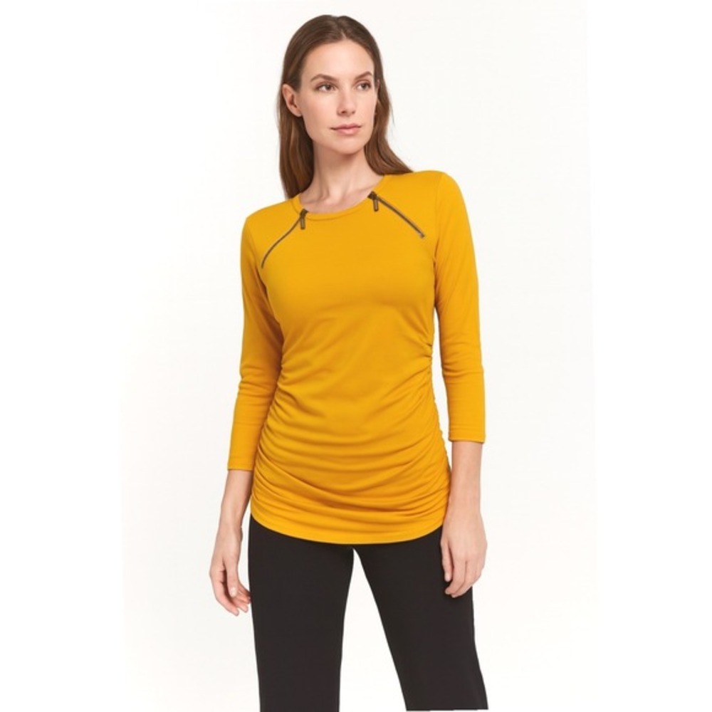 Michael Kors Mustard Yellow Zipper 3/4 Sleeve Ruched Top MP Designer Chic‎ 49-04